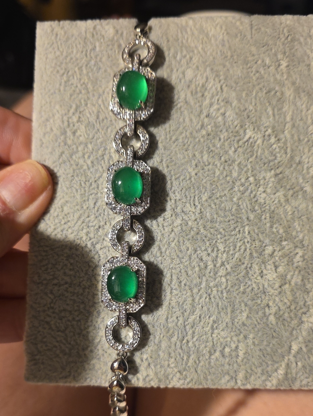 Green Jade and Silver-Tone Link Bracelet